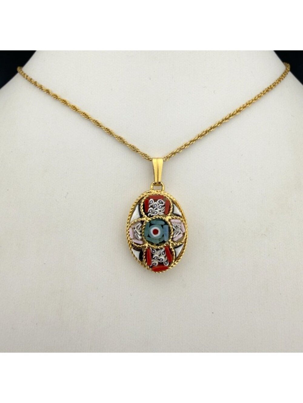 Italian Micro Mosaic Pendant Necklace Oval Gold Tone Flowers Floral 18”